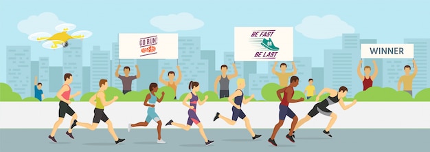 プレミアムベクター ジョギングマラソン大会レースイラストを実行しています スポーツランナーは 運動中の男性と女性をグループ化します ランニングマン が最初に仕上げます 市
