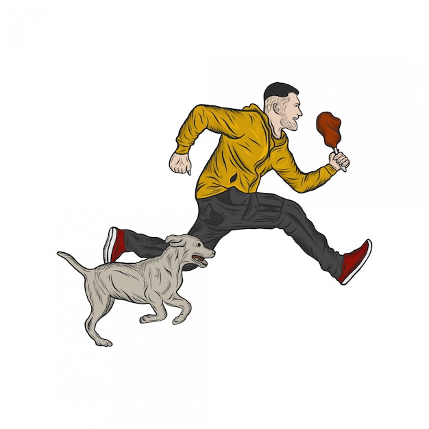 走っている人の犬の手描きの彫刻イラスト プレミアムベクター