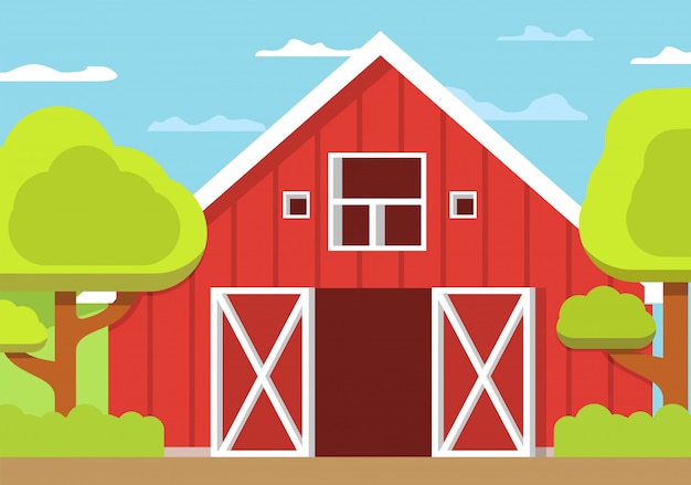 Rural landscape farm,wooden barn open gate flat style. Premium Vector