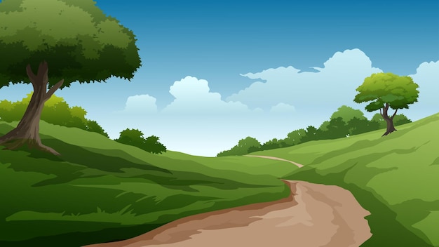 Premium Vector | Rural landscape with pathway and green field