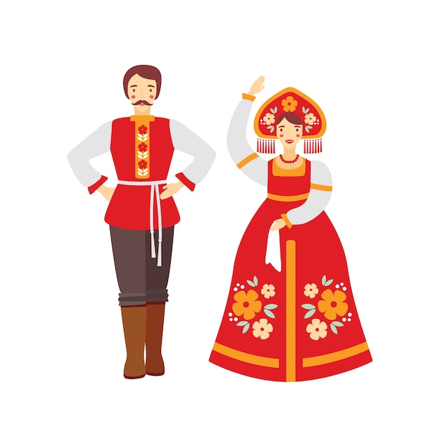 ロシアの民族衣装フラットイラスト 男と女の伝統的な服の漫画のキャラクターを着ています 赤いサラファンと国立帽子 Kokoshnikの女の子 フォークダンスグループのアーティスト プレミアムベクター