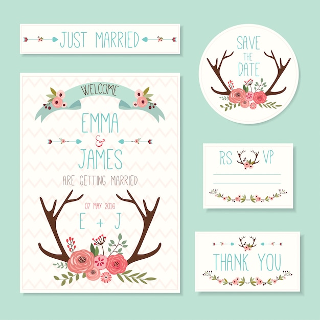 Rustic wedding cards and invitations set with floral elements and deer horns Premium Vector