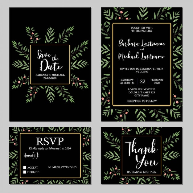 Rustic Wedding Invitation Template Set With Greenery Premium Vector