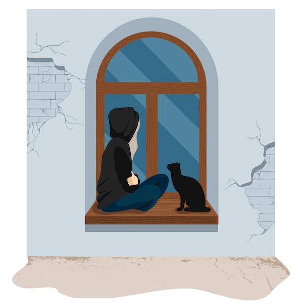 猫と一緒に窓辺に座っている悲しい 落ち込んでいる女の子 悲しいティーンエイジャー 落ち込んでいる女性と猫 図 プレミアムベクター