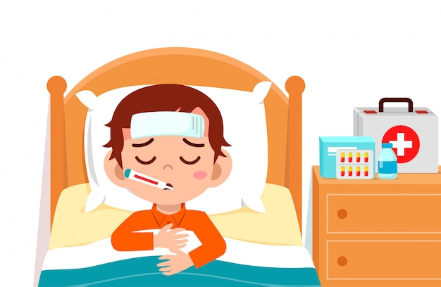 Premium Vector | Sad cute kid boy lay in bed sick