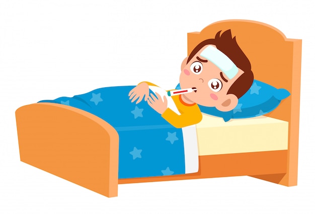 Premium Vector | Sad cute kid boy lay in bed sick