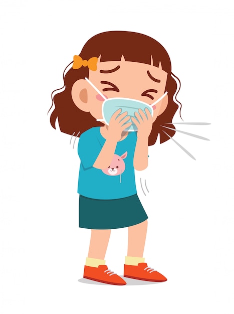 インフルエンザでくしゃみをする悲しいかわいい子供女の子 プレミアムベクター