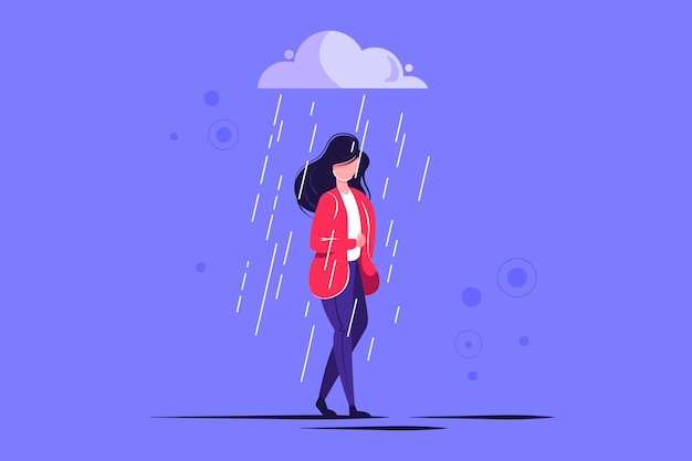 Premium Vector | Sad female character standing under the rain