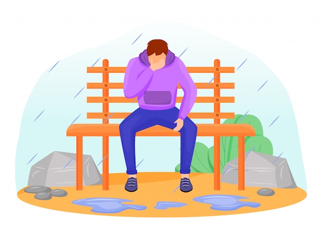 悲しい男フラットカラーイラスト 雨の下でベンチに座っている白人男性 季節の憂鬱 雨天 背景の木とスウェットフェースレスアニメキャラクターで落ち込んでいる 男 プレミアムベクター