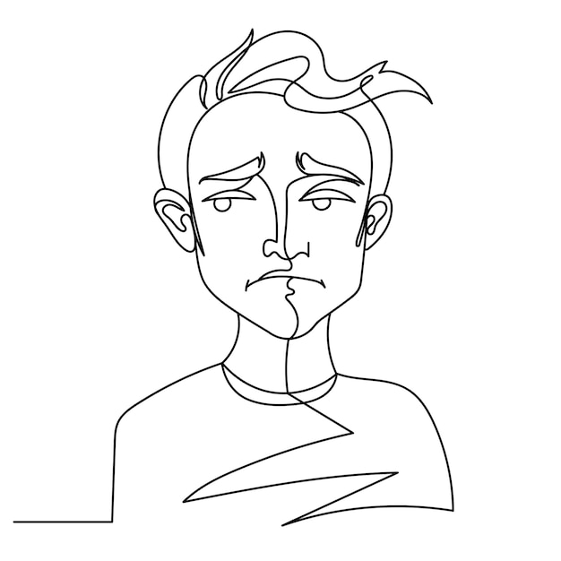 悲しい男の肖像画ワンラインアート 不幸な男性の表情 手描きの線形男のシルエット プレミアムベクター