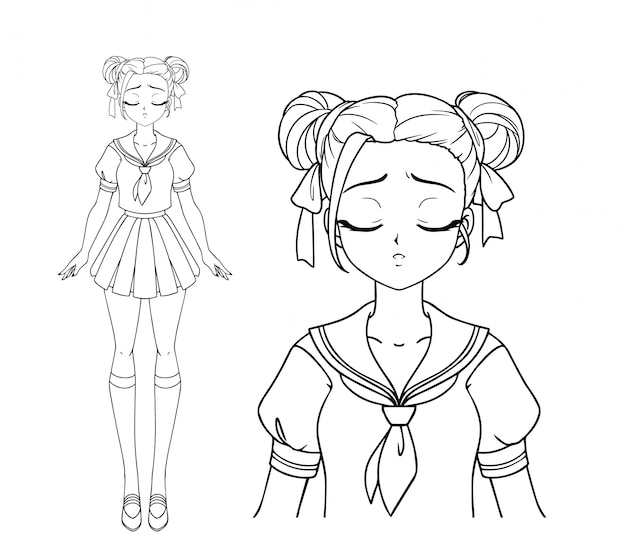日本の学校の制服を着た悲しい漫画少女と2つのおさげ髪 手描きのベクトル図です 分離されました プレミアムベクター