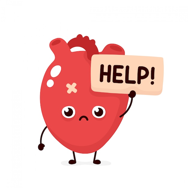 悲しい苦しんでいる病気のかわいい人間の心臓器官は ヘルプキャラクターを求めています プレミアムベクター