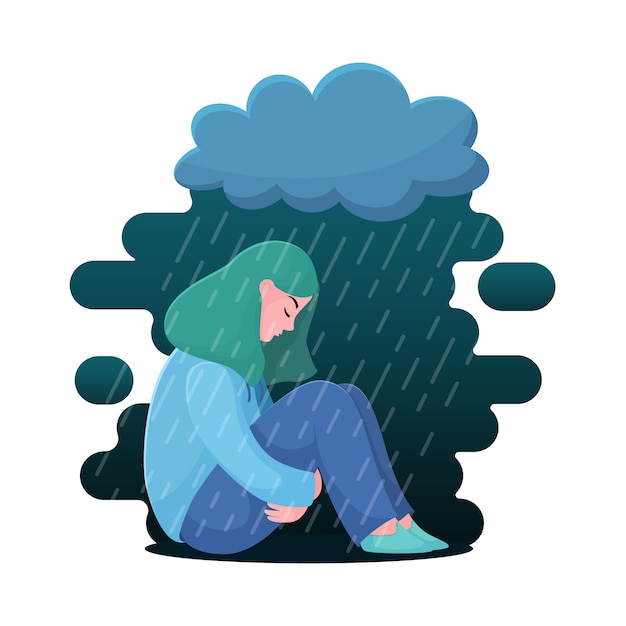 Sad, unhappy teenage girl, young woman sitting under rain, depression concept Premium Vector
