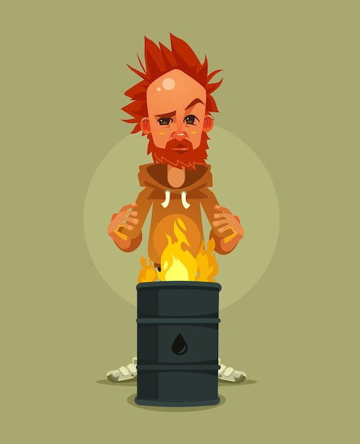 Premium Vector Sad Unhappy Tired Homeless Man Character Warms Near Burning Garbage Cartoon Illustration