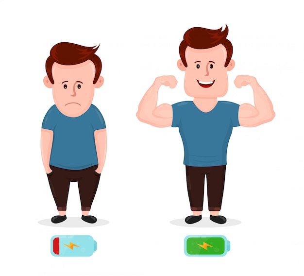 Sad young man with low energy and energic strong happy man Premium Vector