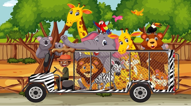 Premium Vector | Safari scene with wild animals in cage car