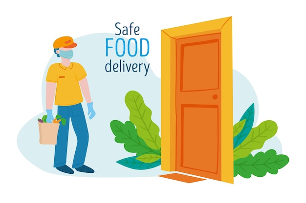 Safe food delivery courier at the door 