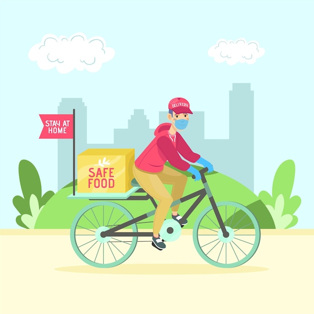 自転車に乗っている人との安全な食品配達 無料のベクター