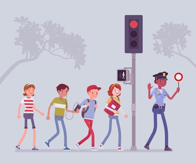 安全な道路横断 婦人警官が子供たちに路上での危険や危険を回避するように指導し 歩行者は交通を探し セマフォの信号に従います スタイル漫画イラスト プレミアムベクター