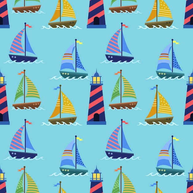 Premium Vector | Sailing on blue sea background seamless pattern