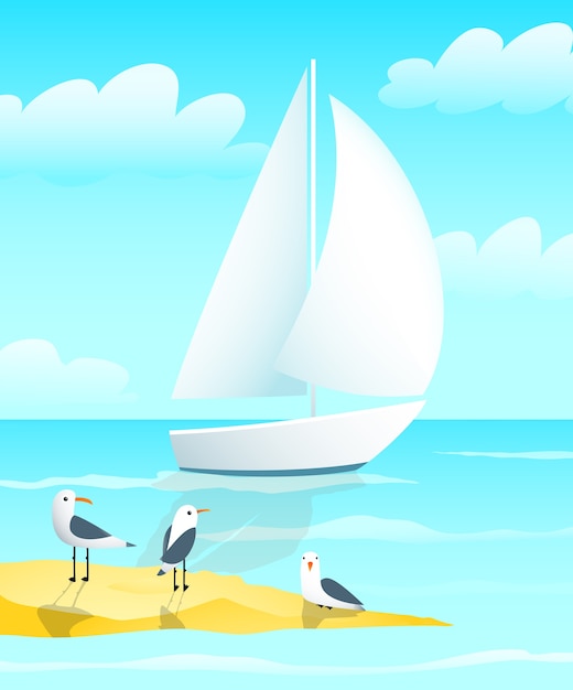 カモメと海岸沿いの漫画でセーリングヨットのボートのデザイン プレミアムベクター