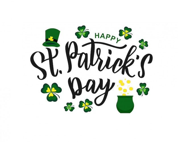 聖パトリックの日手ロゴ カード バナーテンプレートとしてテキストをレタリングします アイルランドのお祝いデザインのイラスト 緑の帽子とシャムロックの手描きのタイポグラフィ プレミアムベクター