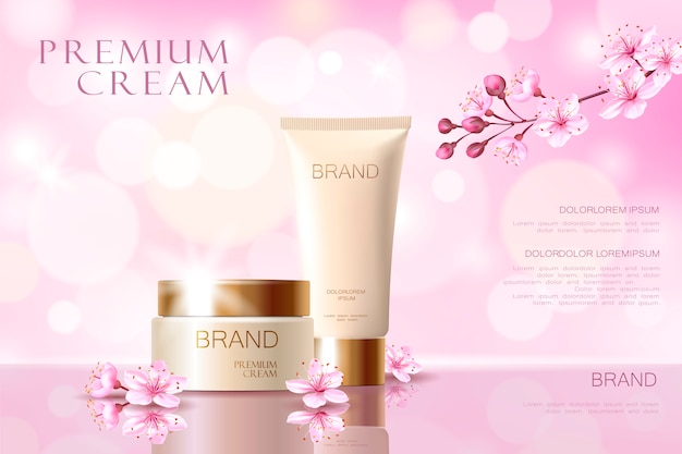 Sakura flower cosmetic promotional poster template. pink petal blossom japanese Premium Vector