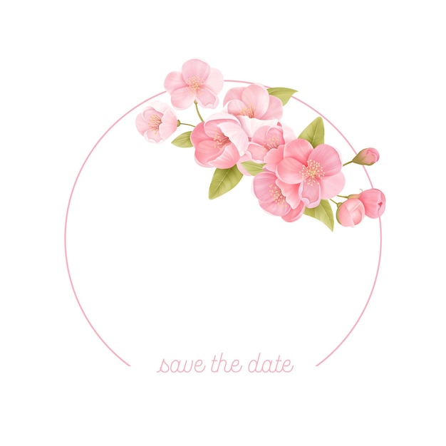 さくらの花のリアルな花のフレームバナー 桜のベクトルのウェディングカードのデザイン 春の花のイラストの背景 エキゾチックなポスターテンプレート バウチャー パンフレット チラシ プレミアムベクター