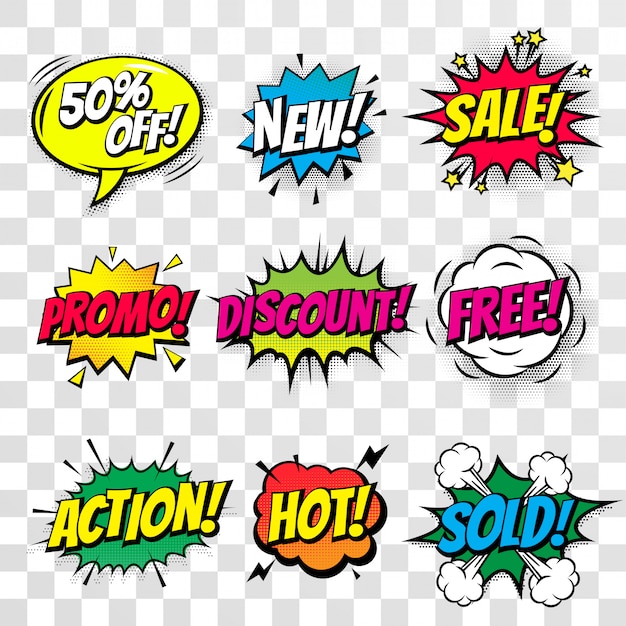 Sale discount shopping comic text bubble isolated icons set Premium Vector