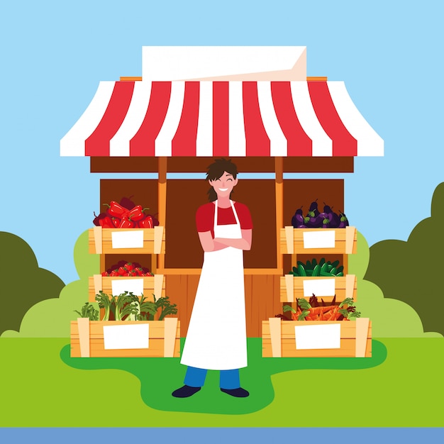 Premium Vector | Salesman with stall kiosk of store vegetables