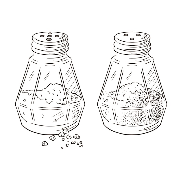 塩コショウ入れの刻印イラスト 手描きのガラス瓶調理スパイスは ロゴ レシピ メニュー フードプリント ラベル ステッカー バナーデザインのビンテージスタイルでスケッチします プレミアムベクトル プレミアムベクター