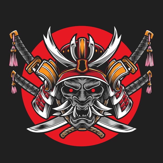 Premium Vector | Samurai helmet with katana sword