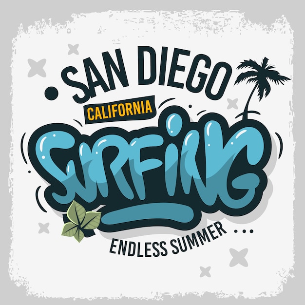 サンディエゴカリフォルニアアメリカ合衆国アメリカ合衆国サーフィンサーフデザイン手描きレタリングタイプロゴサインラベルプロモーション広告tシャツまたはステッカーポスター画像 プレミアムベクター