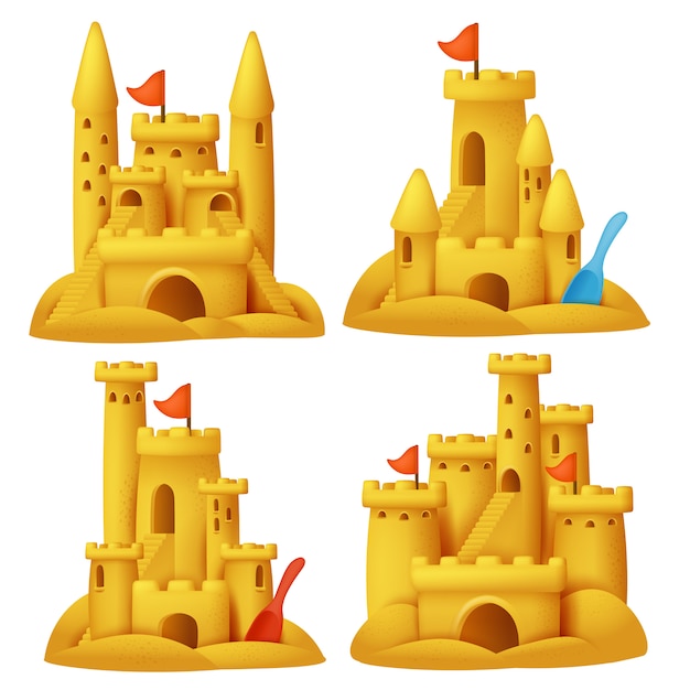 Download Sand castle in cartoon style set. vacation collection. 3d ...