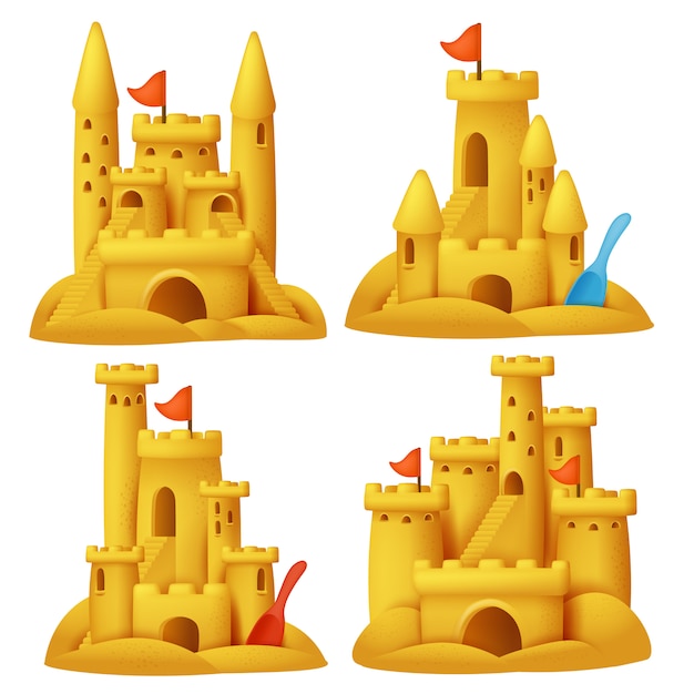 Premium Vector | Sand castle in cartoon style set. vacation collection