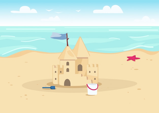 Premium Vector | Sandcastle on beach color illustration. summer ...