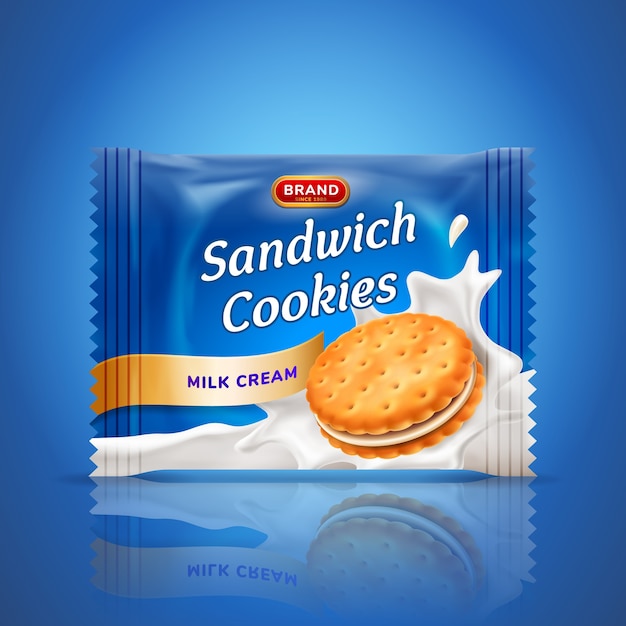 サンドイッチクッキーまたはクラッカーパッケージデザイン 青の背景に分離された使いやすいテンプレート 食べ物とお菓子 ベーキングと料理のテーマ リアル な3dイラスト プレミアムベクター