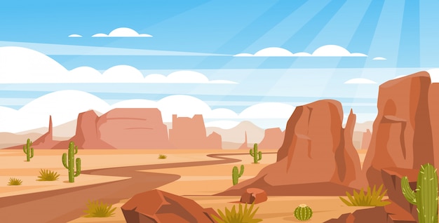 砂砂漠の風景のカラフルなフラットイラスト 岩 岩山 緑のサボテンのある空の谷 ドラフトと暑い気候で乾燥した土地 アリゾナ州の美しいパノラマビュー プレミアムベクター