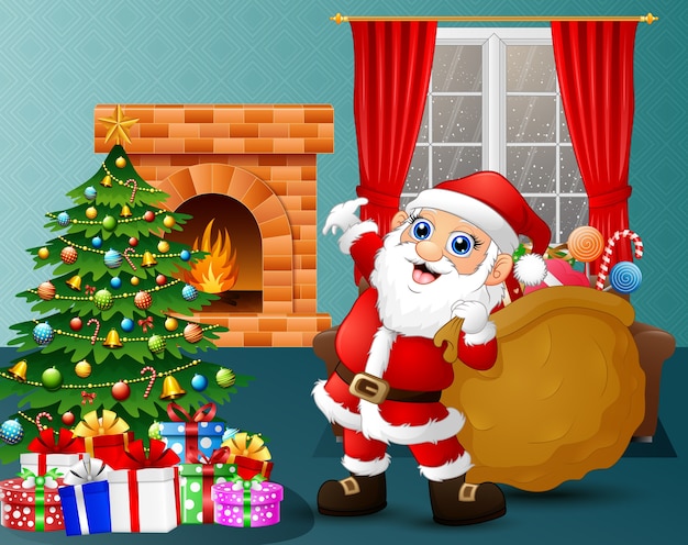 Santa bringing a sack of candy in the living room | Premium Vector