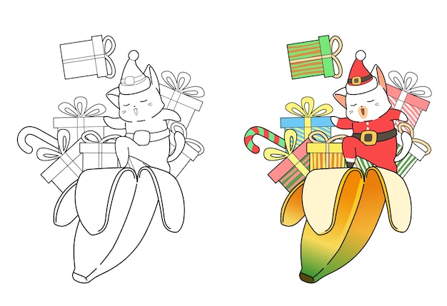 Premium Vector Santa Cat In Banana With Gifts Cartoon Coloring Page For Kids