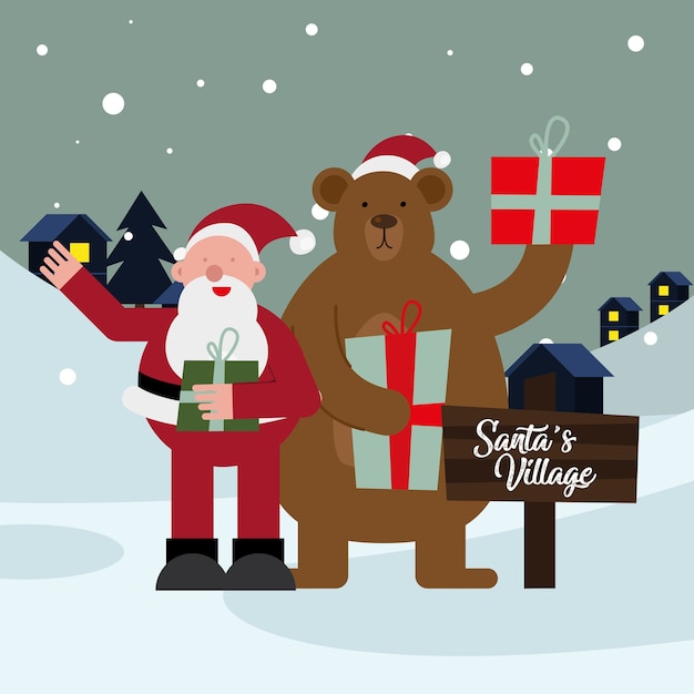 サンタクロースとギフトクリスマス文字ベクトルイラストデザインとクマ プレミアムベクター