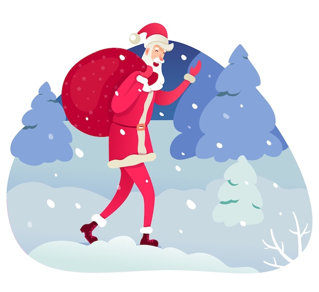 サンタクロースが袋のイラスト クリスマス 年末年始の要素 冬の風景 森の背景におとぎ話の父フロストにサンタの漫画のキャラクターを運ぶ プレミアムベクター