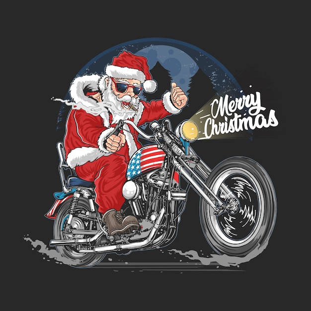 サンタクラウスクリスマスアメリカアメリカツアーバイクバイカーバイク モーターバイク クーパーイラスト プレミアムベクター