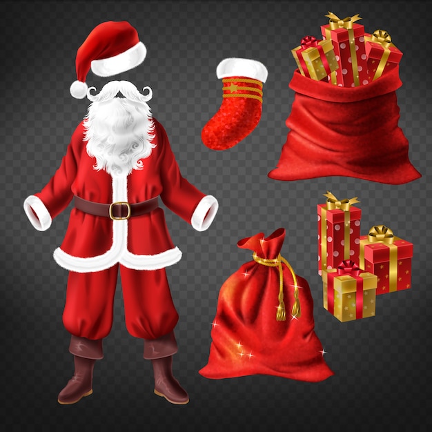 革のブーツ 赤い帽子 偽のひげ クリスマスの靴下の靴下のサンタクロース衣装 無料のベクター