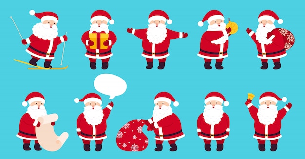 サンタクロースかわいいクリスマスフラット漫画セット ギフト バッグ スキー プレゼント 吹き出しのコレクション面白いキャラクター さまざまな感情のサンタ 新年のオブジェクト イラスト青い背景 プレミアムベクター