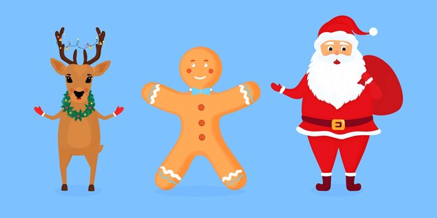 Premium Vector | Santa claus, deer and gingerbread man vector illustration.