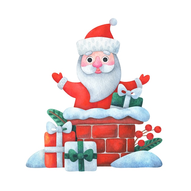 サンタクロースは煙突を通して贈り物を届けます 漫画風のクリスマスイラスト プレミアムベクター