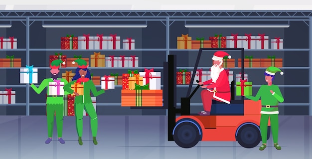 Premium Vector | Santa claus driving forklift truck elves holding ...