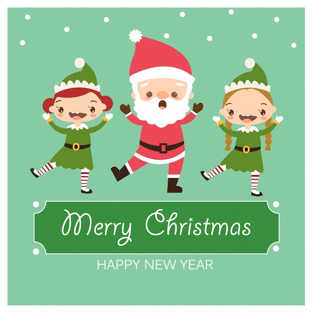 Premium Vector Santa Claus And Elves Dancing In Christmas Greeting Card