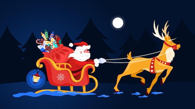 そりと実行中の鹿のサンタクロース 雪の中でのギフトバッグ付きのクリスマスキャラクター 冬の休日のお祝い 漫画のスタイルのイラスト プレミアムベクター